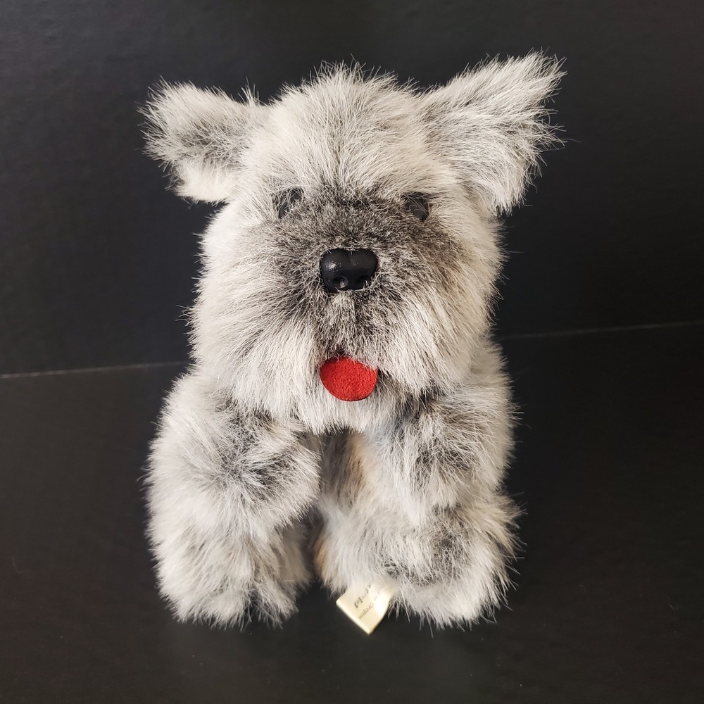 Gray Terrier Schnauzer Furry Full Body Hand Puppet 8" Shaggy Red Tongue Out